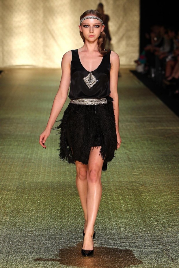 Johanna Johnson Luxor Collection at MBFWA Short Black Feather Skirt Gown