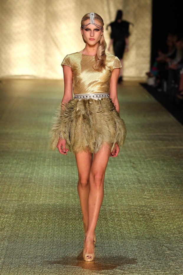 Johanna Johnson Luxor Collection at MBFWA Short Gold Feather Skirt Gown