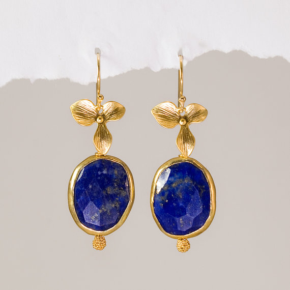 Blue Lapis & Orchid Flower Gold Earrings