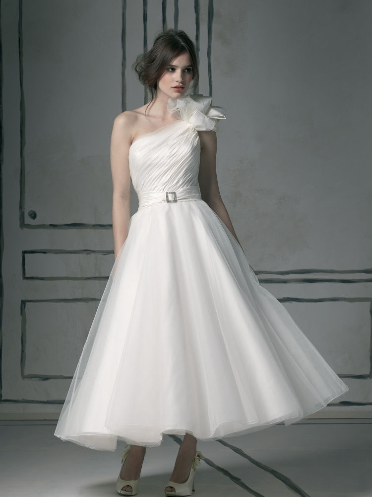 Justin Alexander Tea Length One Shouldered Wedding Dress Design 8527