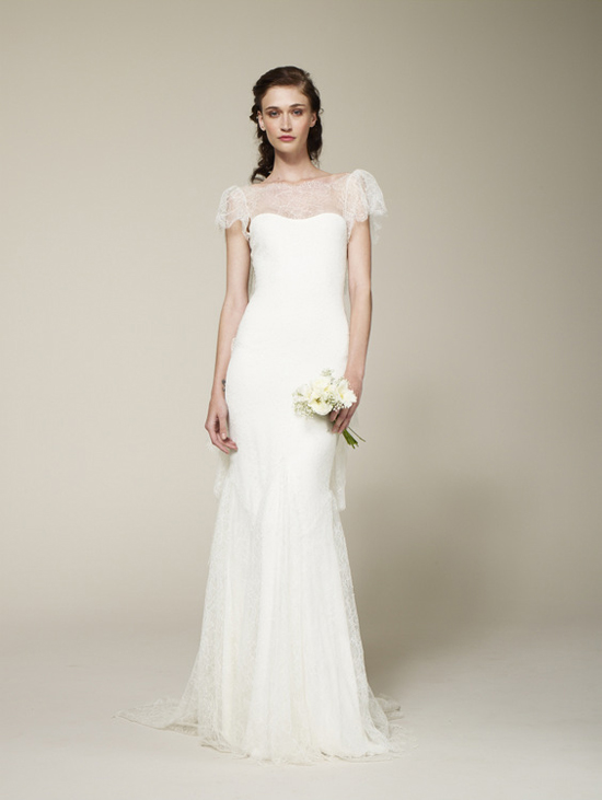 Marchesa Spring 2013 Wedding Dress wtih Capped Sleeves and Illusion Neckline