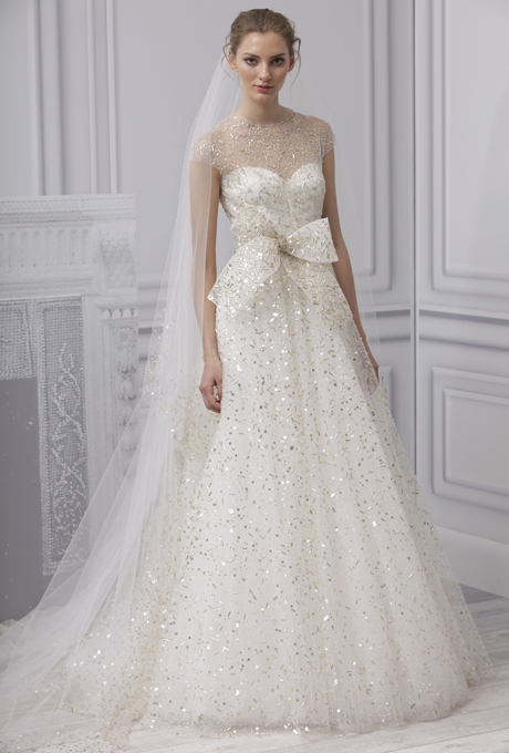 MONIQUE LHUILLIER SS13 Bridal Collection Gold Flecked Wedding Dress