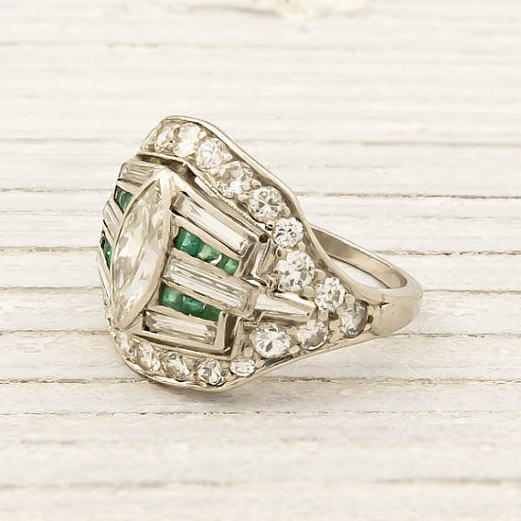 Antique Platinum Diamond and Emerald Art Deco Ring