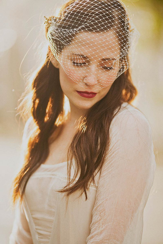 Bandeau veil with brass flowers and leaves pins from Mignonne Handmade