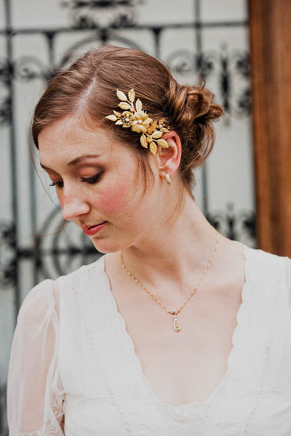 Brass flowers and leaves comb with freshwater pearls from Mignonne Handmade