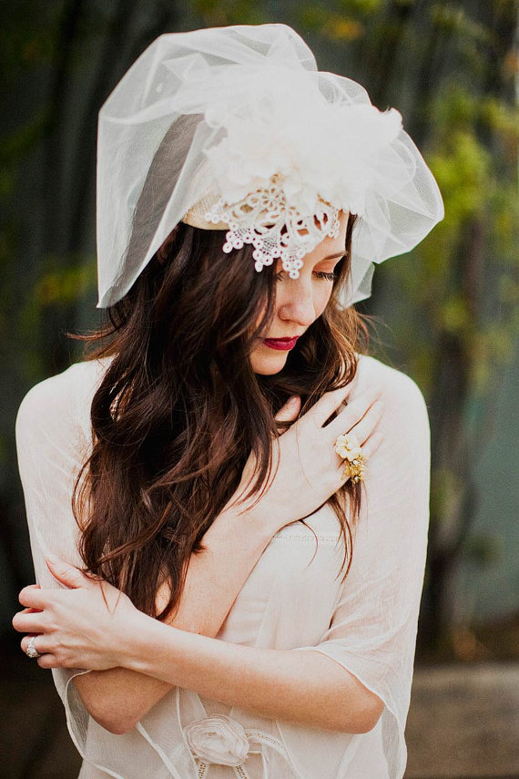 Hat with tulle veil, venice lace silk flower and leaves from Mignonne Handmade