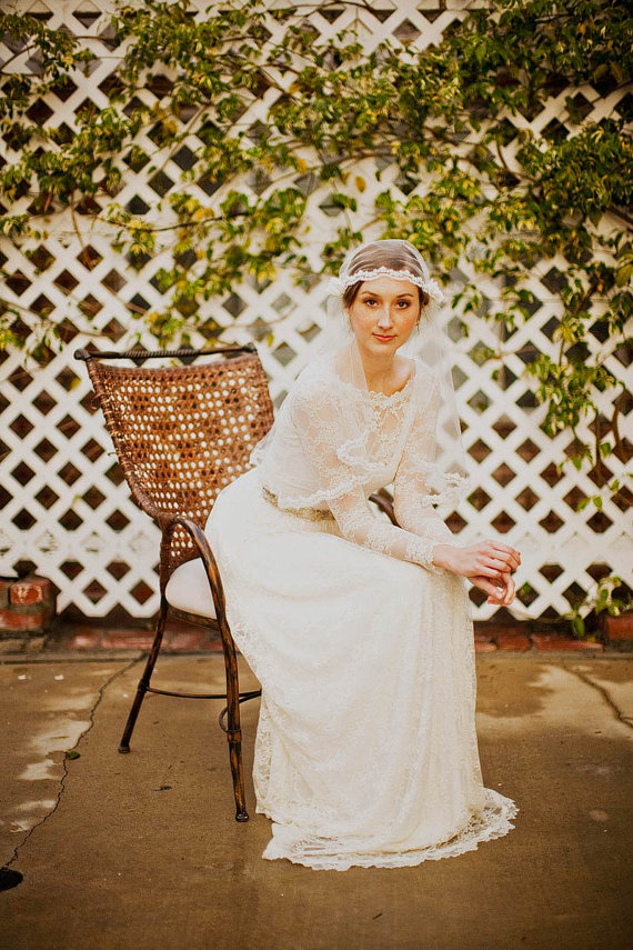 Tulle veil cap with crystal beaded alencon lace trim, and flowers from Mignonne Handmade