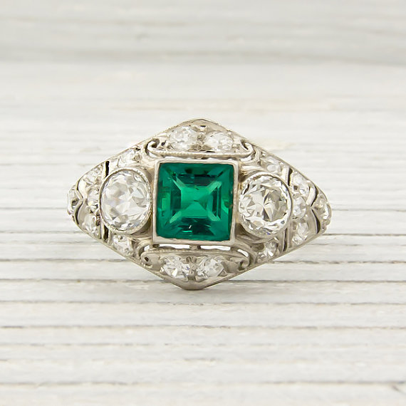 Vintage Diamond and Emerald Engagement Ring