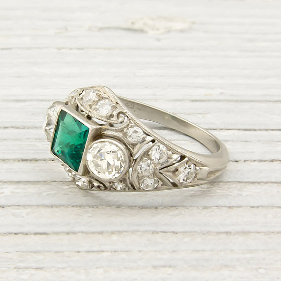 Vintage Diamond and Emerald Engagement Ring