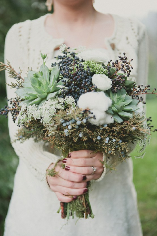 Cozy Cotton, Succulents & Berries Winter Wedding Bouquet from Ruffled