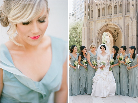 Bridesmaids in Greyed Jade Dresses