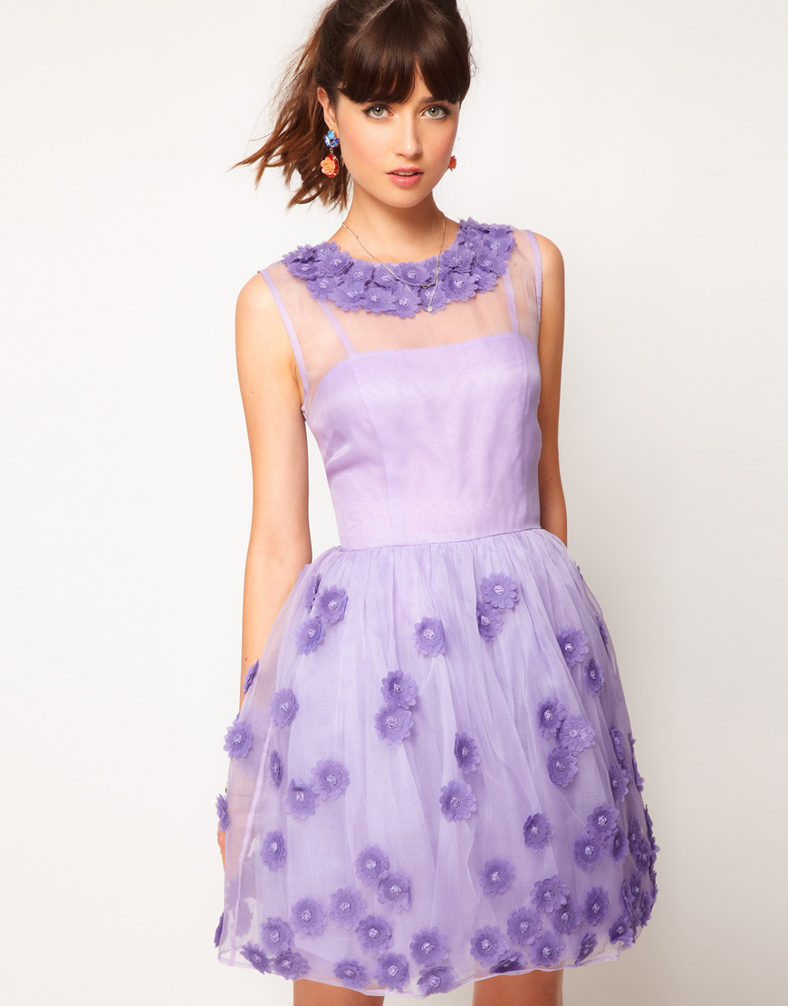 Silk Skater Floral Applique Dress in Violet from ASOS