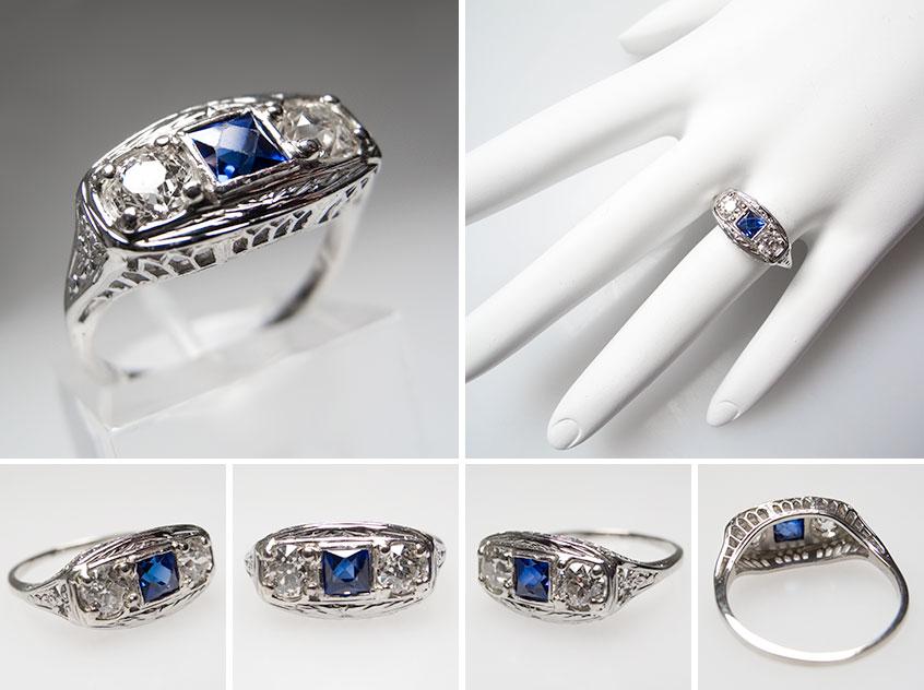 Antique Diamond Sapphire Filigree Engagement Ring wm7195