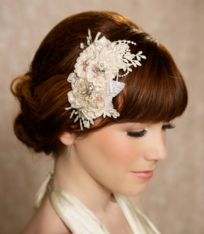 TRACI Champagne lace and crystal bridal hair piece from Gilded Shadows