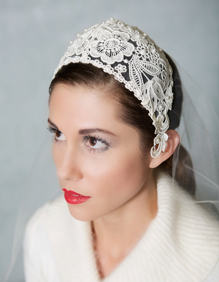Ivory Vintage Chantilly Lace Juliet Cap Veil from Gilded Shadows