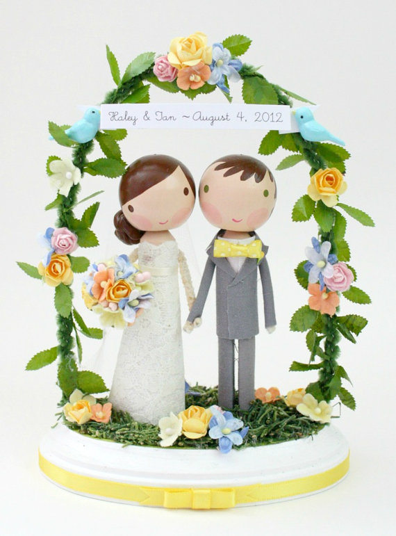 Hand Painted Wooden Peg Wedding Cake Toppers