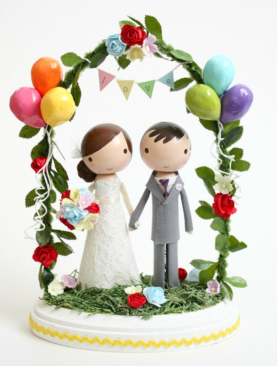 Hand Painted Wooden Peg Wedding Cake Toppers