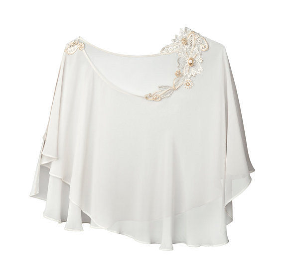 Thalia Chiffon Bead and Freshwater Pearls Embroidered Lace Bridal Cape from Petite Lumiere