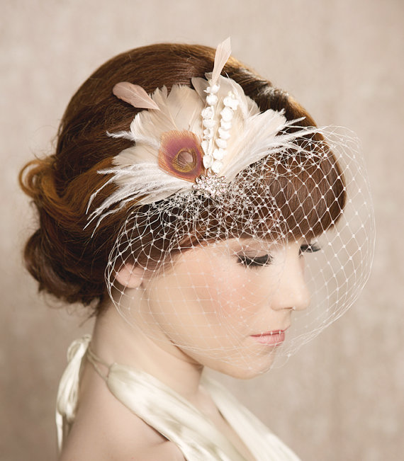 IDA Ivory Blush Bridal Head Piece Feather Fascinator from Gilded Shadows