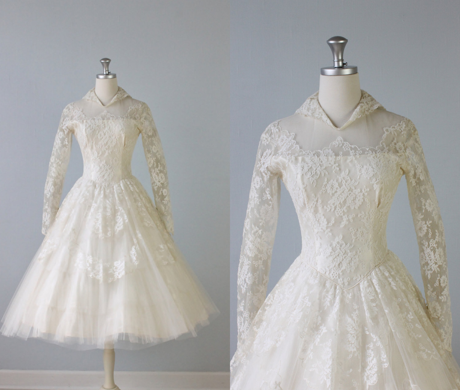 1950s Tea Length Vintage Wedding Dress with long lace sleeves