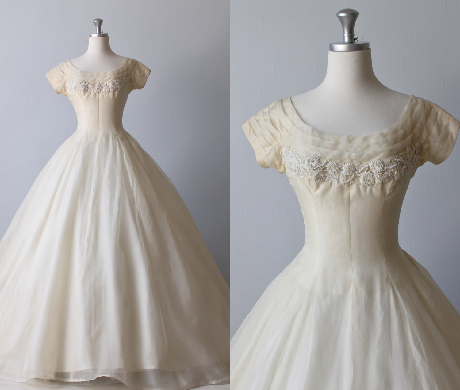 Vintage 1950s Silk Chiffon and Beaded Bodice Wedding Dress