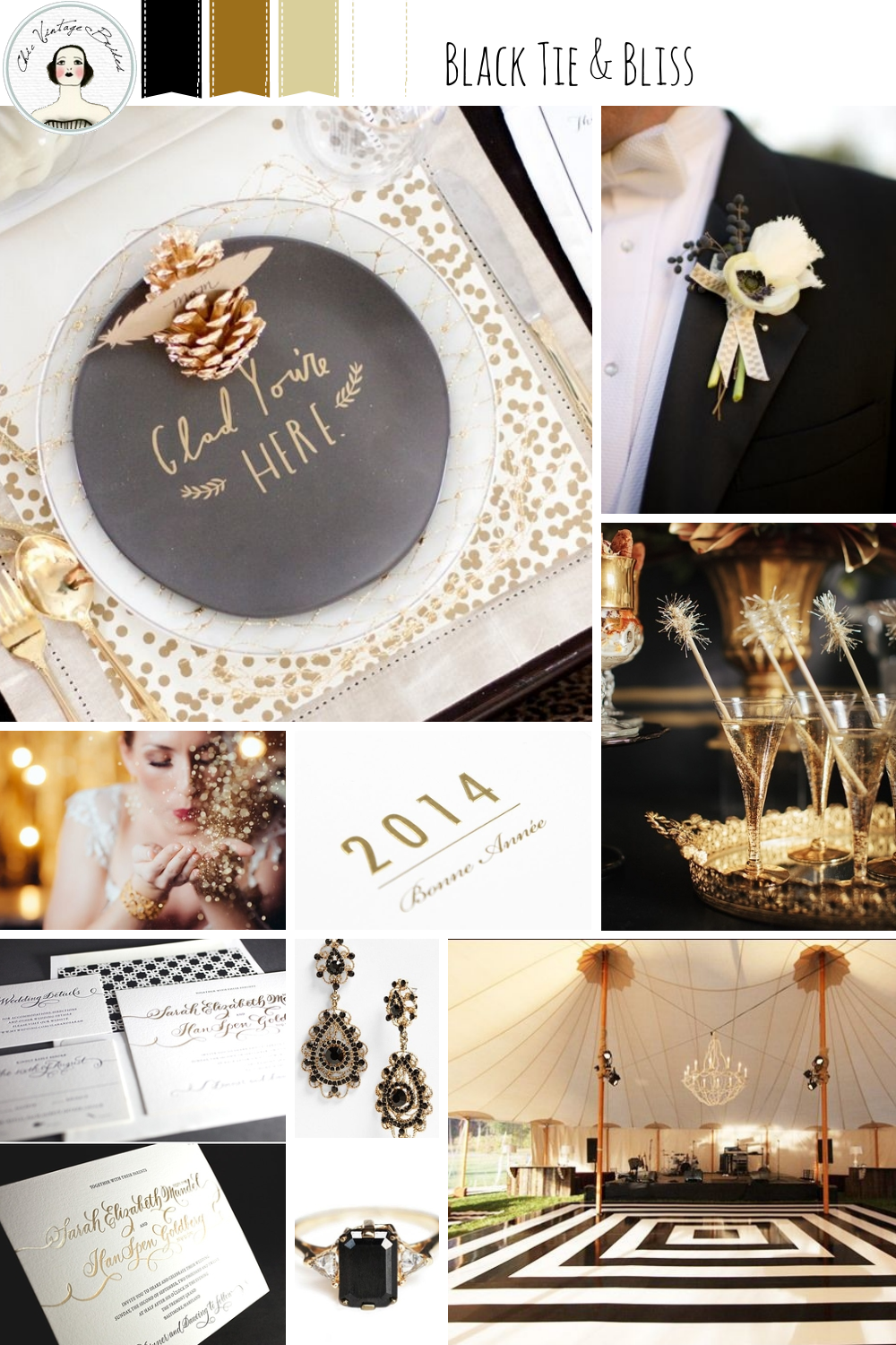 New Year's Eve Wedding Inspiration Board in Black, Gold and Ivory