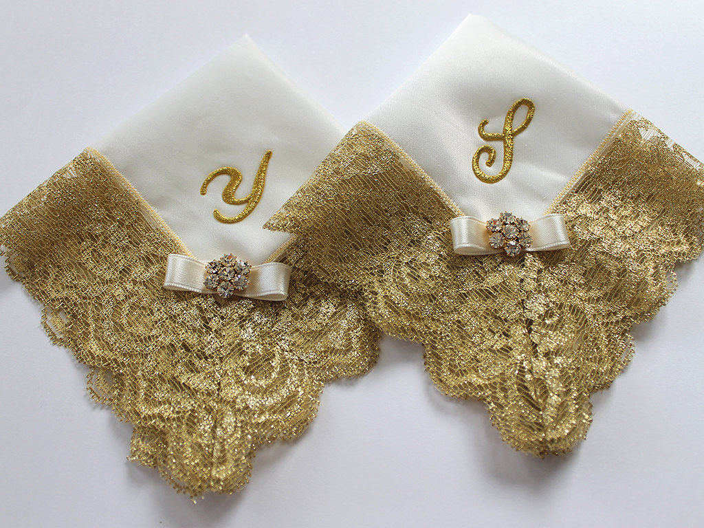Mother of the Bride & Groom Gold Lace Wedding Hankies