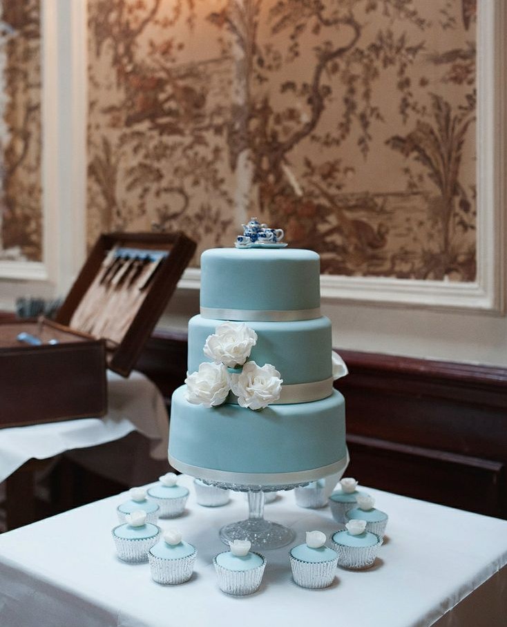 Blue Wedding Cake with Mini Tea Set Topper