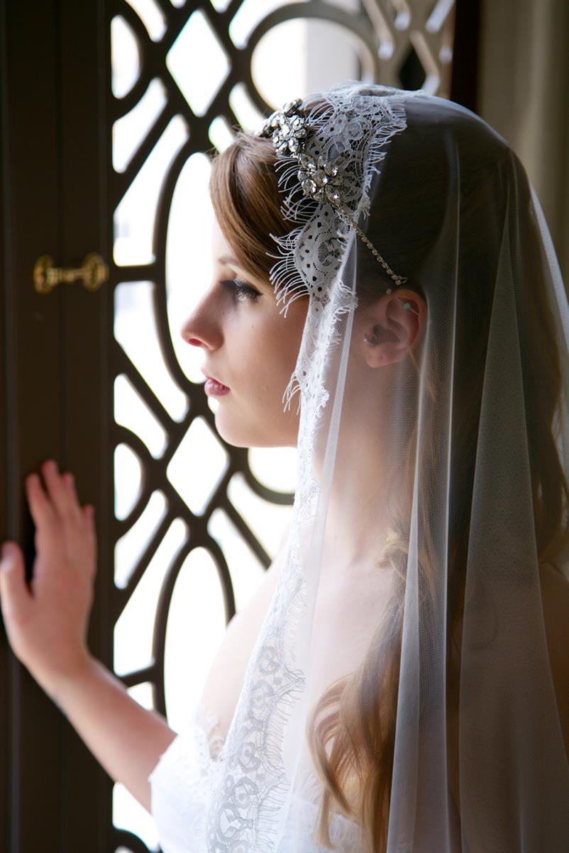 Glamorous Bridal Headpieces from Gilded Shadows - Lace Edged Mantilla Veil & Silver Headpiece