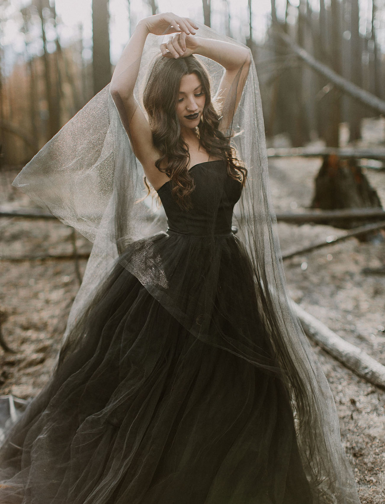Black Tulle Wedding Dress with Train 