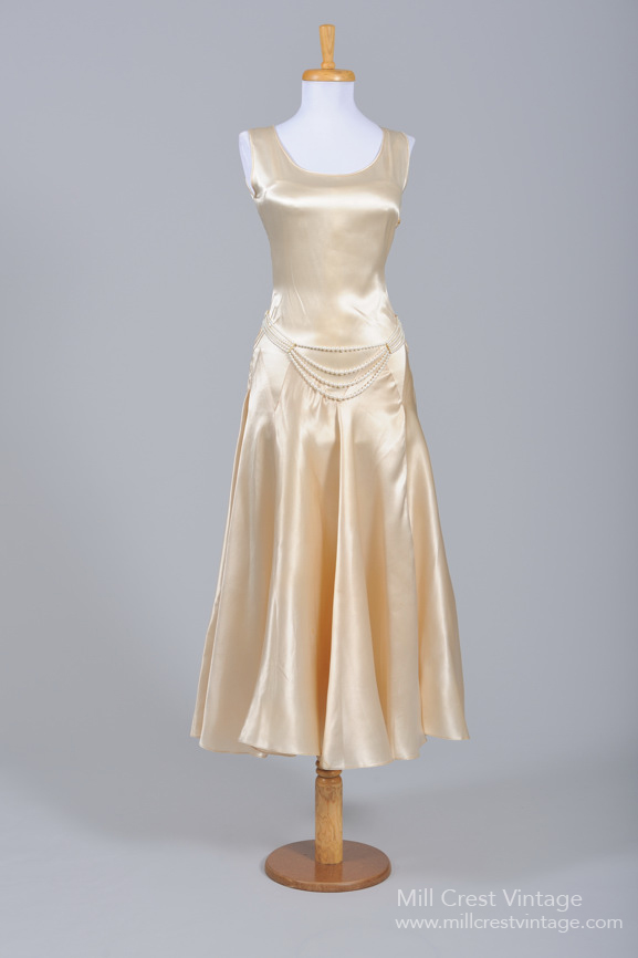 1930s Champagne Satin Tea Length Dress from Mill Crest Vintage