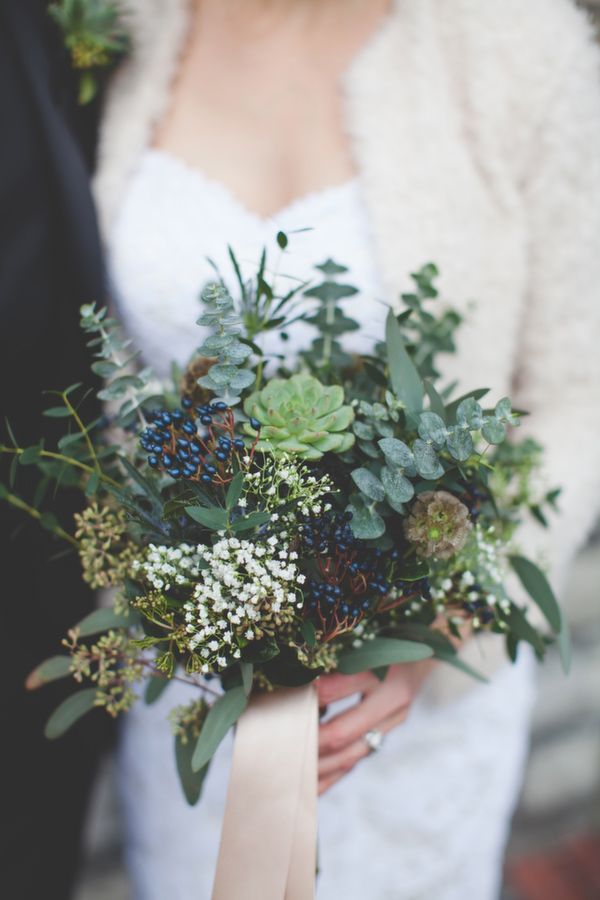 Green & Blue Succulent Winter Bridal Bouquet