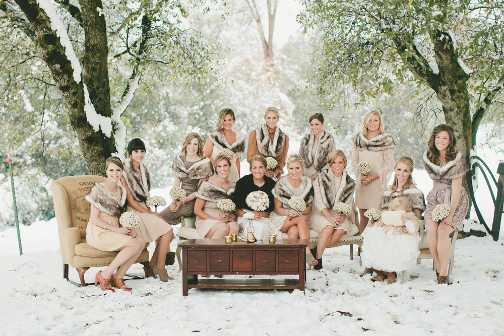 Winter Bridesmaids - A Vintage Fur Cape for a Romantic Snowy Winter Wedding