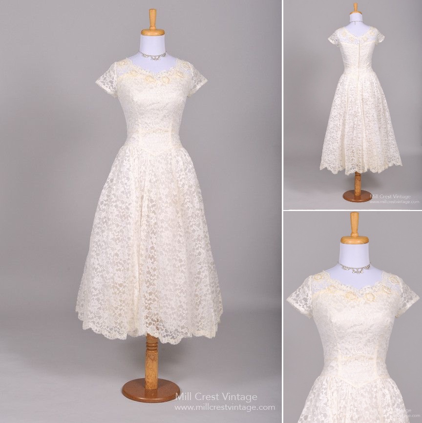 1950s Tea Length Lace Wedding Dress Under $1000