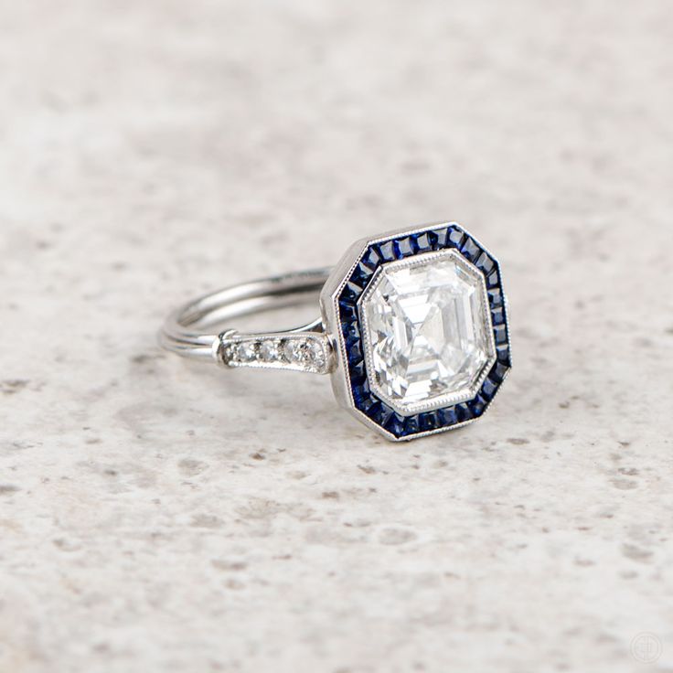 3.13ct Asscher Cut Diamond and Sapphire Ring from Estate Diamond Jewelry