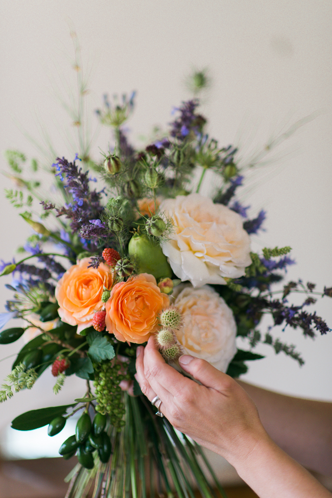 A Beautiful Just-Picked Summer Bridal Bouquet of Foraged Flowers & Fruits