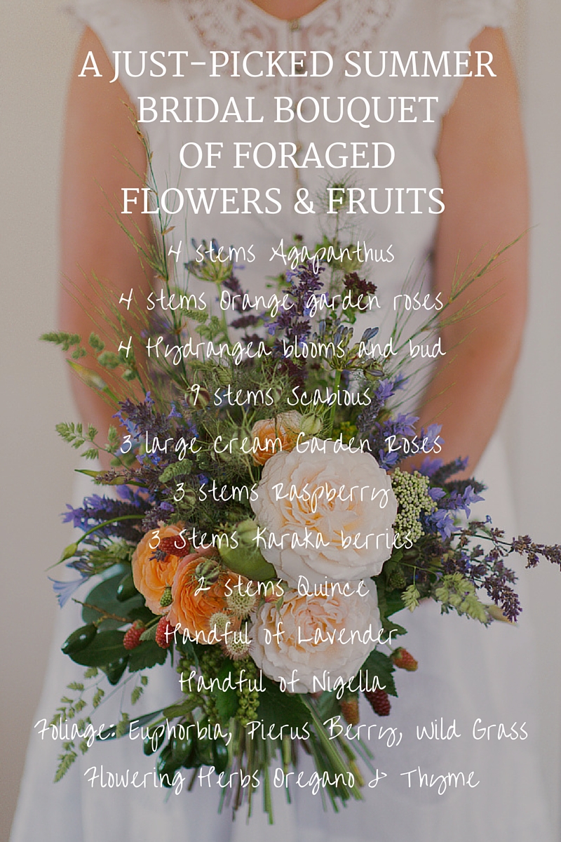 A Summer Bridal Bouquet of Foraged Flowers & Fruits