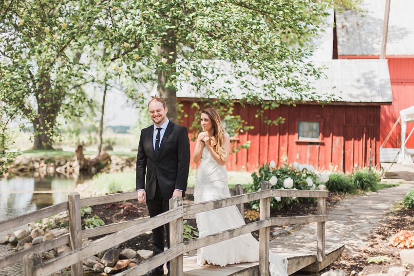 Wedding First Look - A Romantic Modern-Vintage Wedding with an Elegant Barn Reception