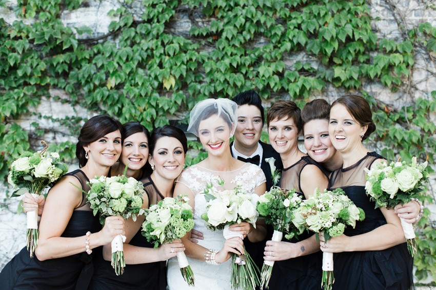 Brides & Bridesmaids - A Vintage Inspired City Wedding in a Crisp and Elegant Palette of Ivory, Black & Green