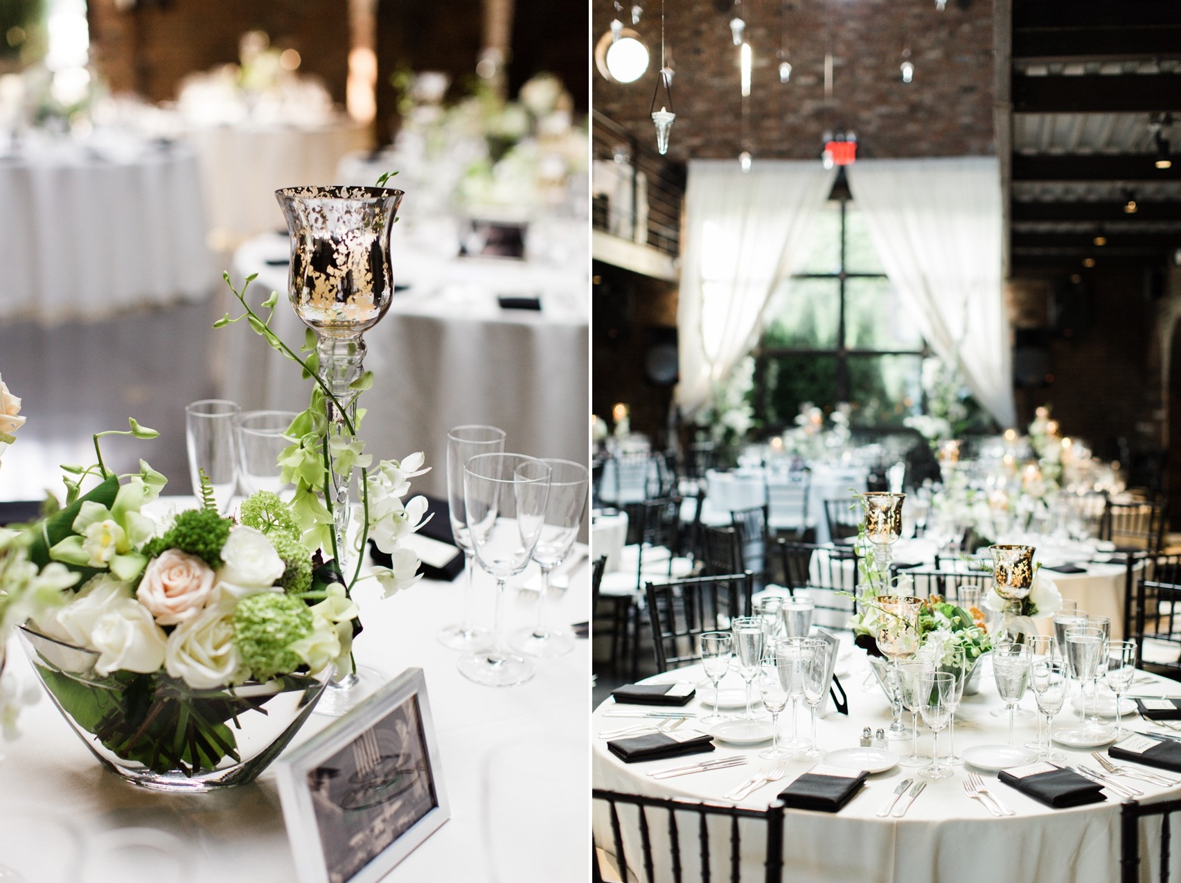Wedding Centrepieces - A Vintage Inspired City Wedding in a Crisp and Elegant Palette of Ivory, Black & Green
