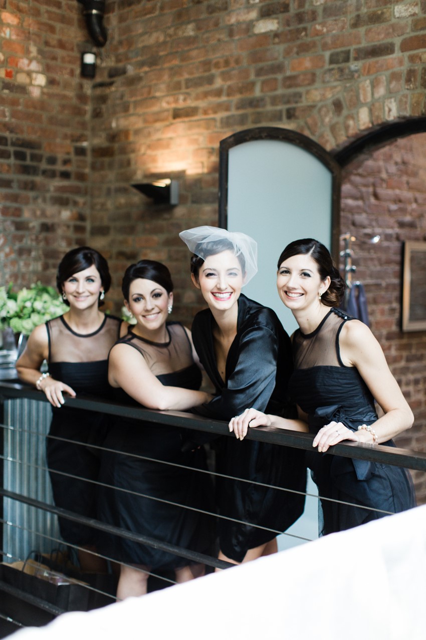Bride & Bridesmaid Getting Ready Portrait - A Vintage Inspired City Wedding in a Crisp and Elegant Palette of Ivory, Black & Green