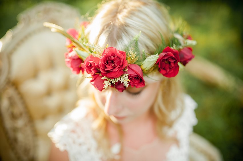 Rose Flower Crown - Boho Vintage Wedding Inspiration in Red, Green & Gold