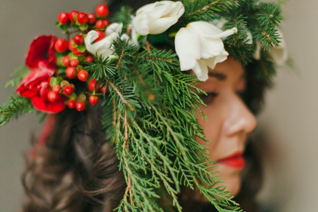 Christmas Wedding Bouquet & Flower Crown - A Cosy Christmas Wedding Inspiration Shoot in Red, Green & White from WarmPhoto
