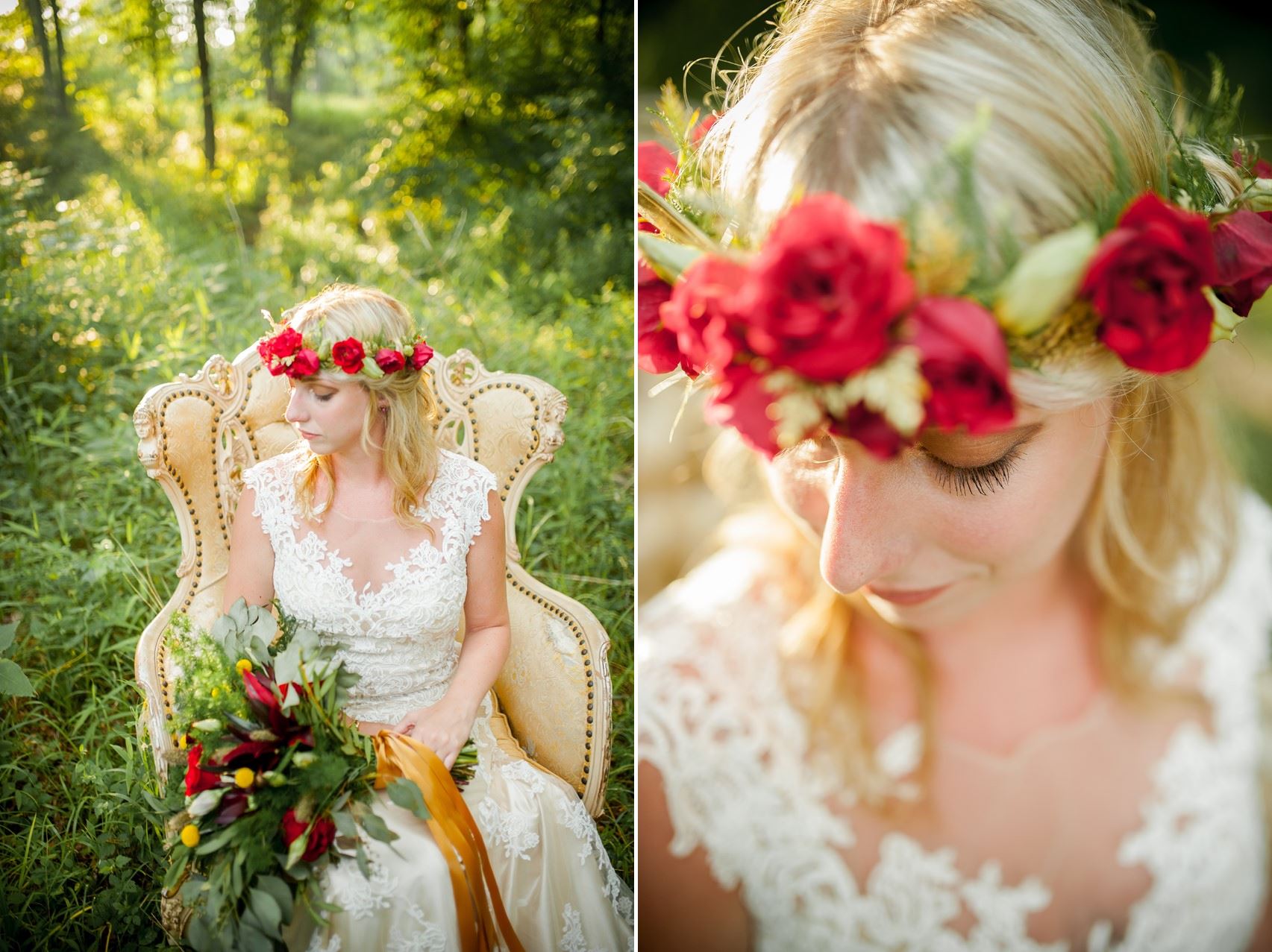 Rose Flower Crown - Boho Vintage Wedding Inspiration in Red, Green & Gold