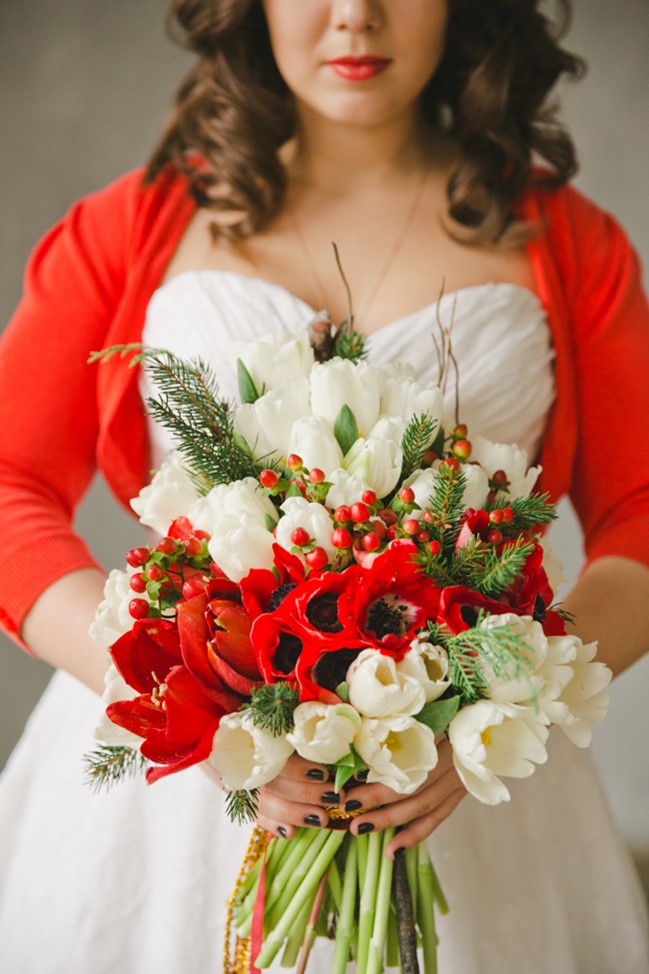 Christmas Wedding Bouquet - A Cosy Winter Wedding Inspiration Shoot in Red, Green & White from WarmPhoto
