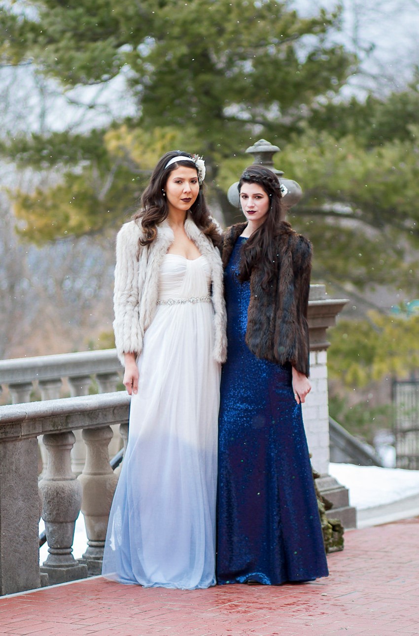 Winter Bridesmaid & Bride in a Blue Ombre Wedding Dress // Photography ~ Twin Lens Weddings