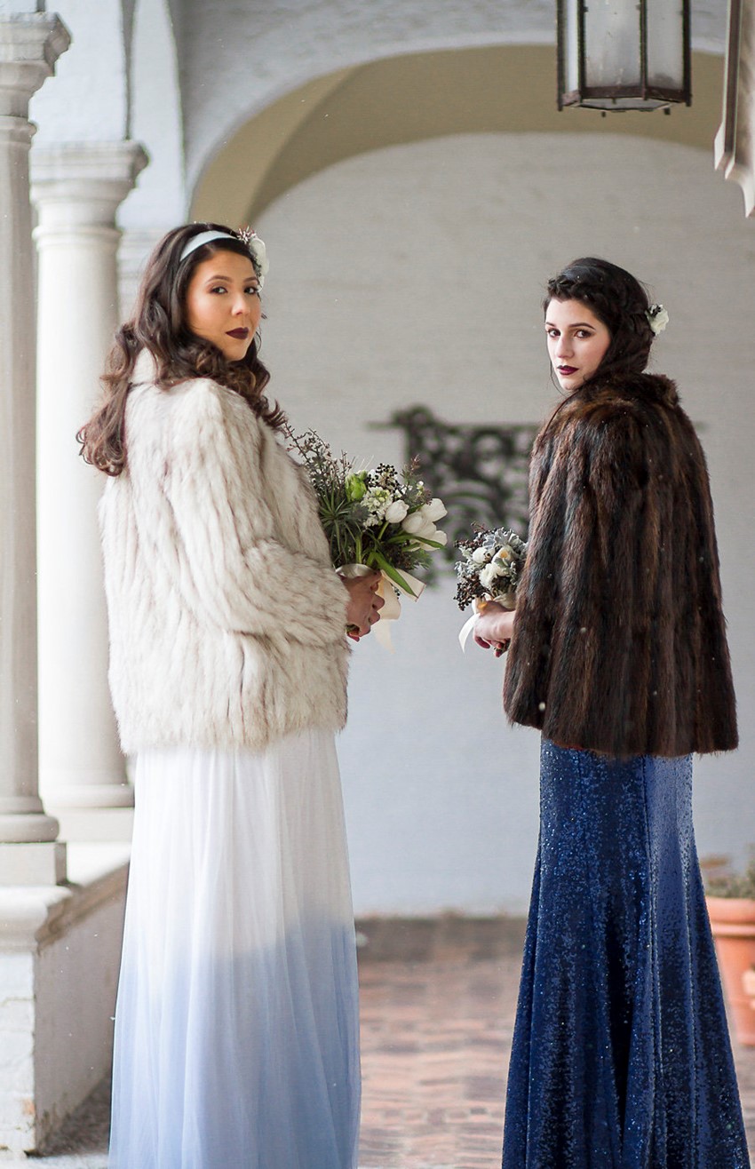Winter Bride & Bridesmaid in Blue Sequin Bridesmaid Dress // Photography ~ Twin Lens Weddings