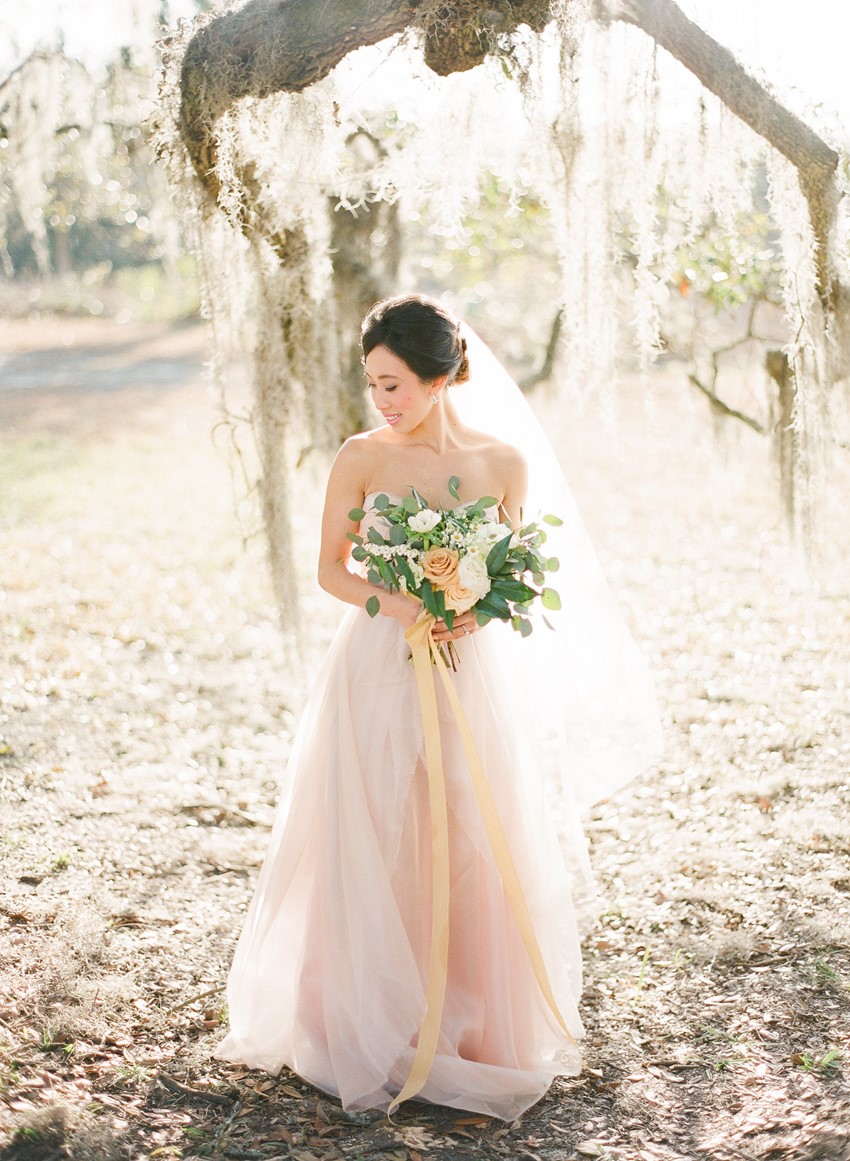 Blush Wedding Dress and Beautiful Bouquet // Photography ~ The Happy Bloom