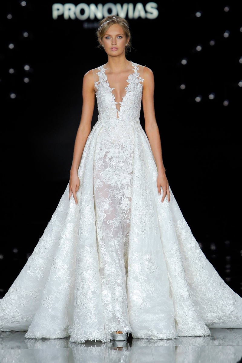 Plunge Neck Lace Wedding Dress with Stunning Overskirt from Atelier Pronovias