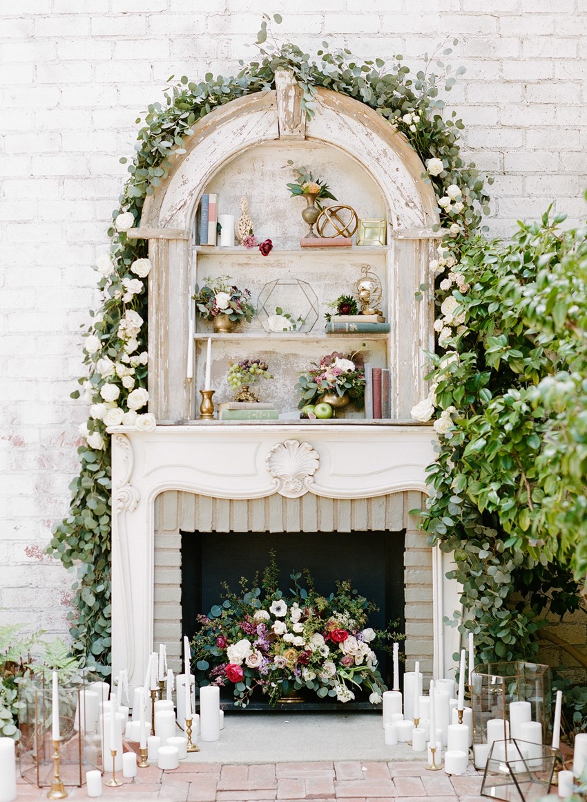 Olde World Elegant Fireplace Aisle Backdrop // Photography ~ Rebecca Yale Photography